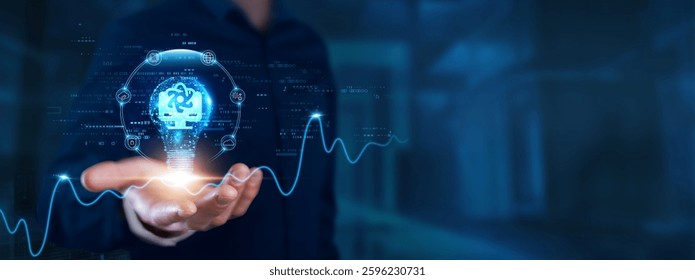 Quantum Computing: Businessman hands with light bulb of inspiration bright idea and creative thinking energetic on digital network revolutionizing, processing power, complex problem-solving