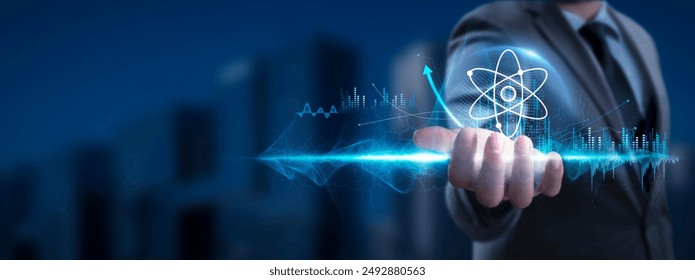 QUANTUM COMPUTING. Businessman Holding Quantum Icon and Global Network with Analyzing Technological Data, Quantum Processing, Network Connection on Interface Background, Quantum Algorithms.