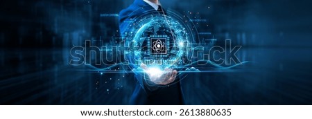 Quantum computing: Businessman holds quantum chip on global structure network and unprecedented processing power, complex problem-solving capabilities, secure communications, revolutionary technology