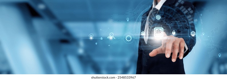 Quantum Computing: Businessman touching the Quantum Computing icon and global technological Networking. Innovation, Advancement, Cutting-edge Technology.