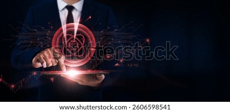 Quantum Computing Businessman Uses Tablet and Digital Networking Interface on Quantum Computing Icon on Cutting-edge Platforms, Future Technologies