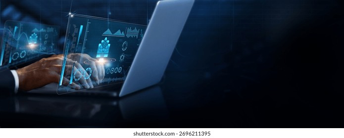 Quantum Computing: Businessman using laptop and analyzing quantum computing information on futuristic virtual interface screen, superposition, entanglement, quantum algorithms, computational power