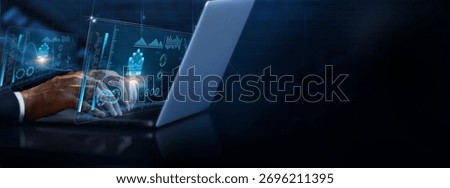 Quantum Computing: Businessman using laptop and analyzing quantum computing information on futuristic virtual interface screen, superposition, entanglement, quantum algorithms, computational power