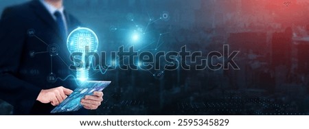 Quantum Computing: Businessman using tablet with growth graph analyzing quantum computing and data processing, performance, optimization, algorithms, innovation.