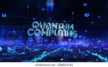 Quantum computing- businessman working with virtual reality at night office.