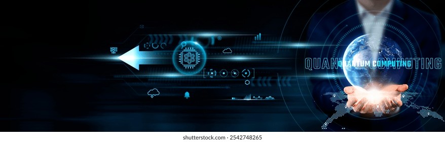 Quantum Computing Concept: Businessman Holding Global Network Connection on Social Networking and Quantum Algorithms, Data Processing, Computational Power, Technology, and Advanced Systems.