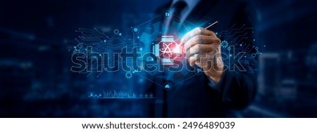 Quantum Computing Concept: Businessman Pointing to Quantum Computing icon and data for global quantum computing network on graphic interface. Innovation, Quantum Mechanics, Advanced Technology.