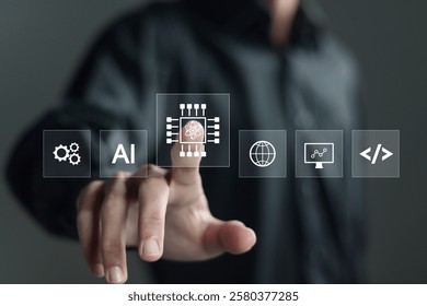 Quantum computing concept. Businessman touching Quantum computing icon on virtual screen. Processing massive amounts of data in a short time. 