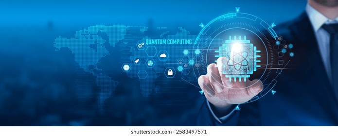 Quantum Computing concept: Businessman touching quantum processing icon on virtual interface, superposition, entanglement, high-speed calculations, revolutionary algorithms.