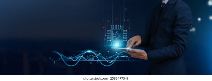 Quantum Computing Concept, Businessman Uses Tablet on Quantum-Powered Global Networking, Harnessing Quantum Mechanics, Advancing Innovation, Developing Smart Solutions from Digital Technology.