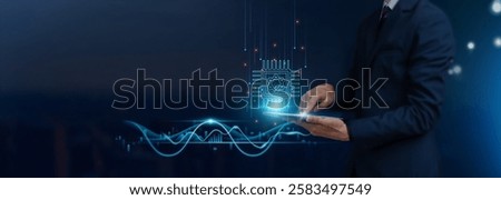 Quantum Computing Concept, Businessman Uses Tablet on Quantum-Powered Global Networking, Harnessing Quantum Mechanics, Advancing Innovation, Developing Smart Solutions from Digital Technology.