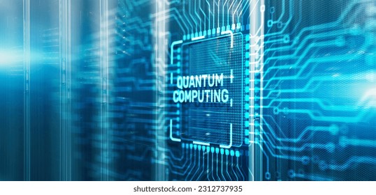 Quantum computing concept. The inscription on 3d Electronic Circuit Board Chip