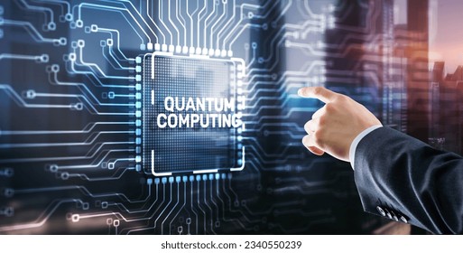 Quantum computing concept. The inscription on the processor icons. Clicking on the virtual screen
