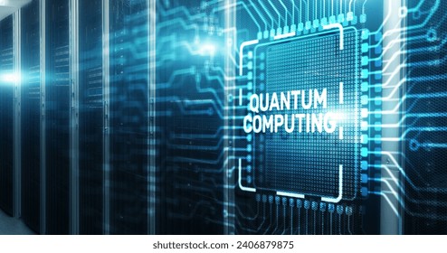Quantum computing concept. The inscription on 3d Electronic Circuit Board Chip