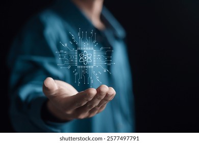 Quantum computing concept. Processing massive amounts of data in a short time. Businessman showing  Quantum computing icon on virtual screen