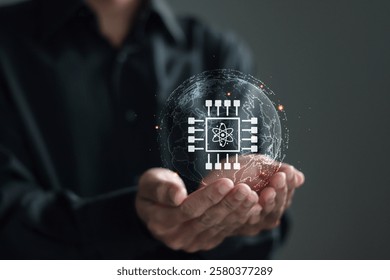 Quantum computing concept. Processing massive amounts of data in a short time. Businessman holds Quantum computing icon with globe on virtual screen