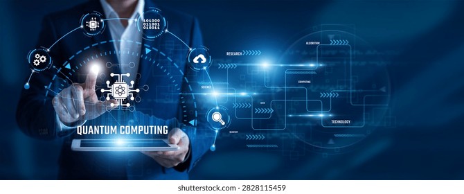 Quantum Computing Engineer using tablet analysing Quantum Computing data. Advanced algorithms, quantum systems, scientific research, high performance computing, future technology, innovation.