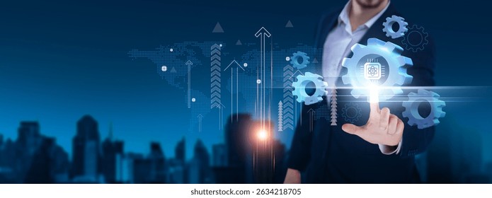 Quantum Computing: entanglement, quantum algorithms, computational power, cryptography, machine learning, data processing. Businessman hand hold quantum computing icon and network on digital interface