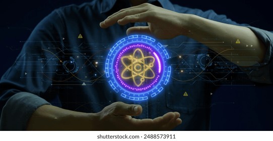 Quantum computing, innovation concept for global network, advancement and exploration. Businessman showing glowing neon line of quantum computing icon on virtual screen. - Powered by Shutterstock - Get 15% off with code: PIKWIZARD15