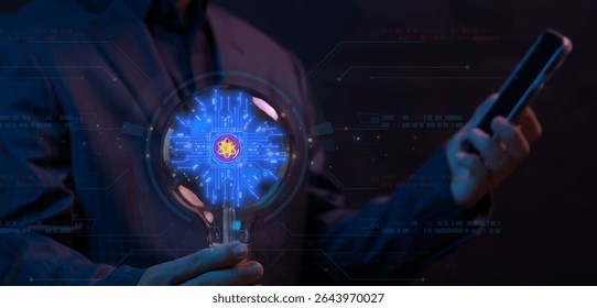 Quantum computing, innovation concept for global network, advancement and exploration. Businessman shows glowing neon line quantum computing icon inside glowing light bulb.