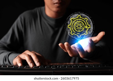 Quantum computing, processing huge amounts of data in a short period of time. Businessman holding quantum computing icon with holding globe icon on virtual screen.