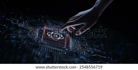 Quantum Computing Revolutionizing Information Processing Illustrated on a Processor Touched by a Human Hand.