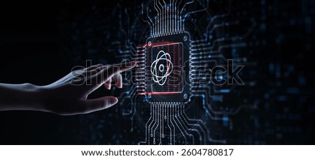 Quantum Computing Revolutionizing Information Processing Illustrated on a Processor Touched by a Human Hand.