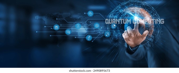 Quantum computing is a smart solution to modern problems. Businessman points at a virtual quantum network connecting service with graphical icons in technology, finance, communications industry.