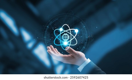 Tecnologia de Computação Quântica, Mão do Empresário no controle do computador quântico conectando a rede global, Blockchain, inteligência artificial, análise de dados de alto desempenho, tecnologia do futuro.