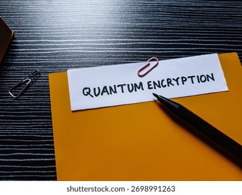 Quantum encryption writting on table background.