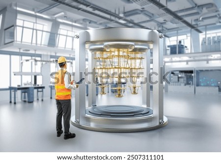 Quantum engineering technology with engineer develop quantum computer machine in shield capsule 