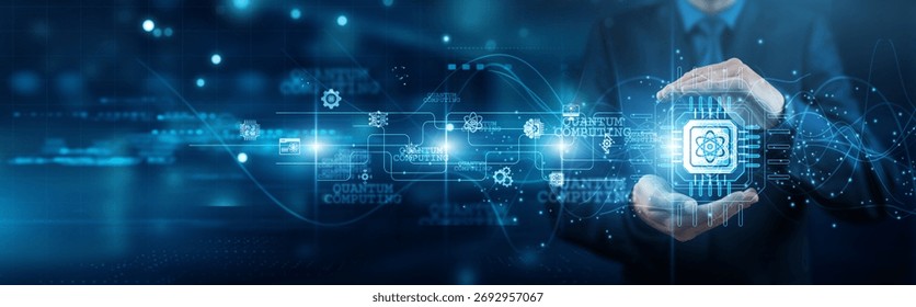 Quantum physicist hands holding processor quantum computing network connections qubits entanglement algorithms parallelism encryption optimization futuristic logic performance.