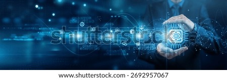 Quantum physicist hands holding processor quantum computing network connections qubits entanglement algorithms parallelism encryption optimization futuristic logic performance.