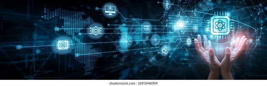Quantum physicist holding global network and quantum computing systems, qubits entanglement superposition encryption speed simulation algorithms research futuristic processing.
