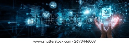 Quantum physicist holding global network and quantum computing systems, qubits entanglement superposition encryption speed simulation algorithms research futuristic processing.