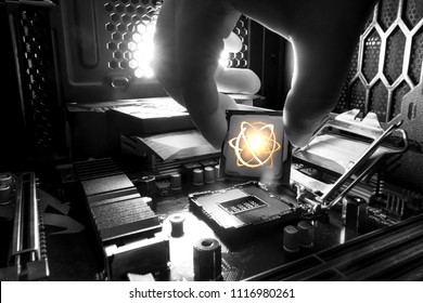 Quantum Super Computer Cpu Future Technology And Internet Of Things Concept. Hand Holding Artificial Intelligence Circuit Board Cpu Processor Chip Set , Science Yellow Shining Cosmic Atom Nuclear.