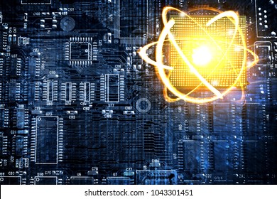 Quantum Super Computer Future Technology And Internet Of Things Concept. Artificial Intelligence Circuit Board Cpu Processor Chip Set , Science Yellow Shining Cosmic Atom Nuclear.