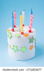 Quarantine Birthday. Candles In Roll Of White Toilet Paper As Birthday Cake. Social Distance, Isolation Durante Coronovirus Pandemic