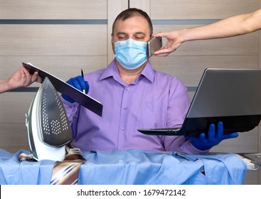 Quarantine Coronavirus Pandemic. Business Man Working From Home, Wear A Protective Mask. Antiviral Medical Respiratory Bandage Face. Remote Distance Work Due To The Epidemic COVID-19. Home Office