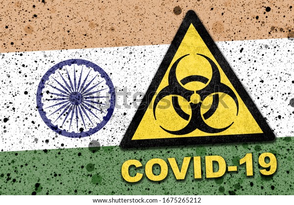 Quarantine in India. Coronavirus COVID-19 outbreak in India. Indian flag with biohazard symbol and inscription COVID-19