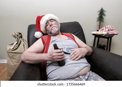 Quarantine Santa Claus Sleeping In An Recliner With A Beer And A Remote Control