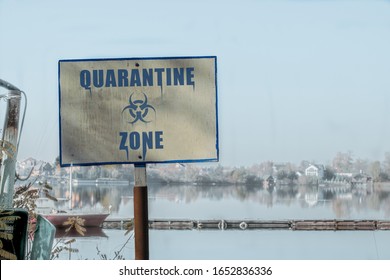 Quarantine zone sign. Sign with the inscription "Quarantine zone" against the infected area