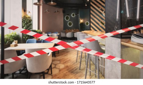 Quarantine Zone Warning Tape, Do Not Cross Concept. Red And White Hazard Safety Stripes Across Empty Closed Restaurant