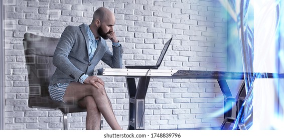 quarantined work concept, a man works at home on a computer in his underpants, funny work coronavirus pandemic meme