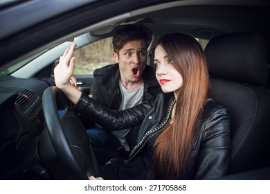 Quarrel In The Car, The Couple Quarrel In The Car, The Woman Behind The Wheel Of A Car