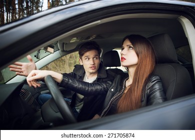 Quarrel In The Car, The Couple Quarrel In The Car, The Woman Behind The Wheel Of A Car