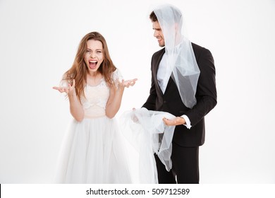 Quarrel of a married couple. white background