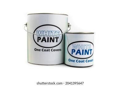 A Quart Or Liter Can And A Gallon Pail Of Paint With A Fake, Generic, White Paint Label Isolated On White