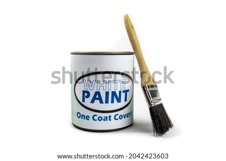 a quart or liter can of paint with a fake, generic, white paint label, with a paint brush leaning on it isolated on white