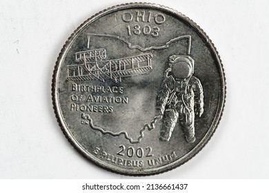 A quarter dollar (25 cents) coin with the image of Ohio (the Buckeye state), USA.